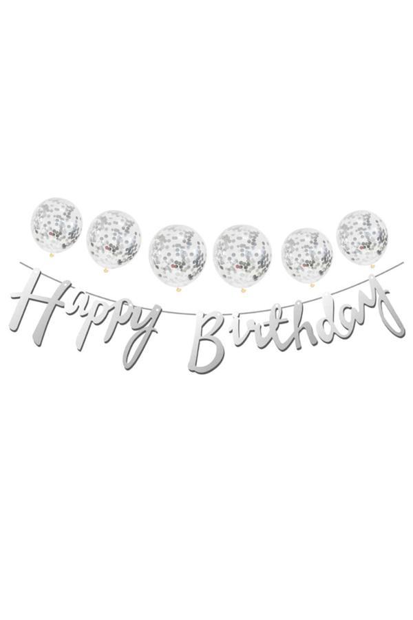 Parti Sürprizi Metalize Happy Birthday Gümüş Banner Set - Image 1