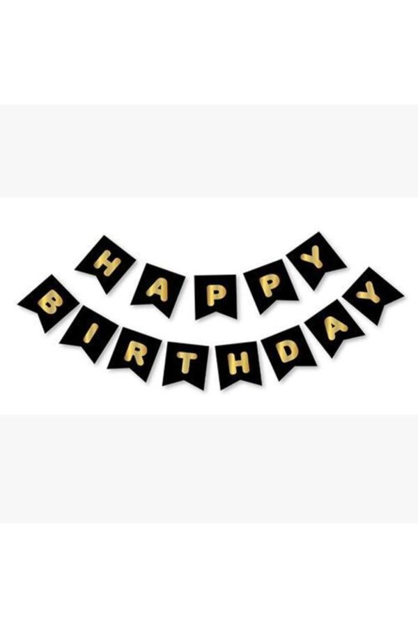 Parti Sürprizi Siyah Gold Yaldızlı Happy Birthday Banner - Image 1