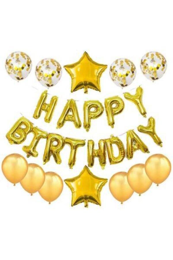 Parti Sürprizi Happy Birthday Altın Folyo Balon Set - Image 1