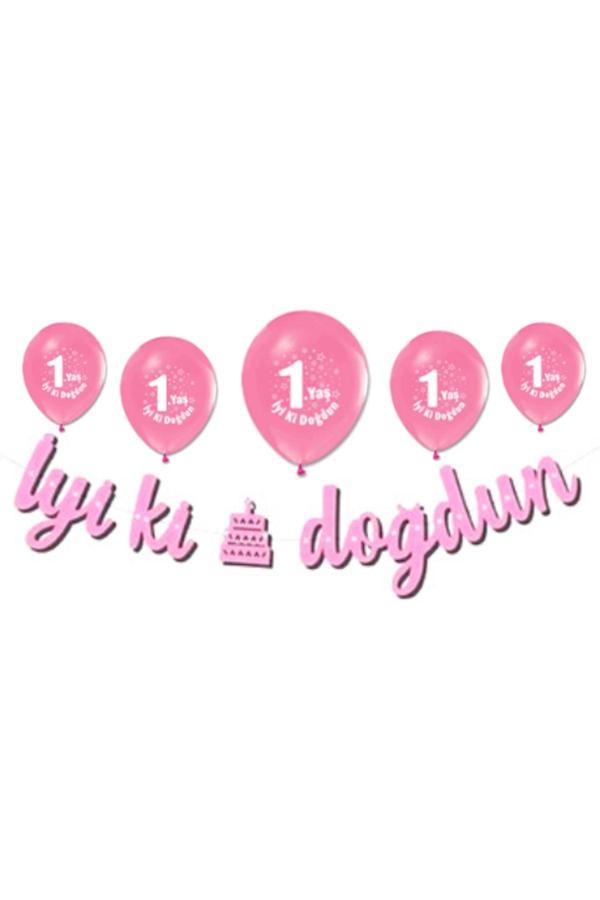 Parti Sürprizi Iyi Ki Doğdun 1 Yaş Pembe Balonlu Set - Image 1