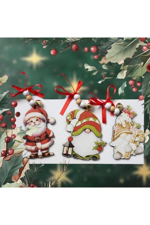 Parti Sürprizi Yılbaşı Partisi Noel Baba Ahşap Çam Ağacı Dekor Süs 3 Adet - Image 1