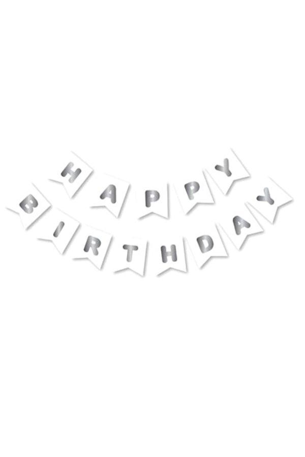 Parti Sürprizi Beyaz Üzeri Gümüş Happy Bırthday Yaldızlı Banner - Image 1