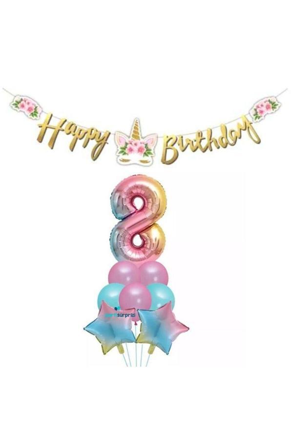 Parti Sürprizi Çiçekli Unicorn 8 Yaş Gökkuşağı  Balon Set - Image 1