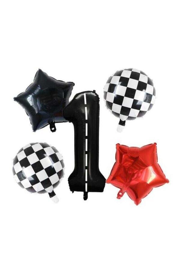 Parti Sürprizi Siyah Yarış Pisti Damalı 1 Yaş Folyo Balon Set - Image 1