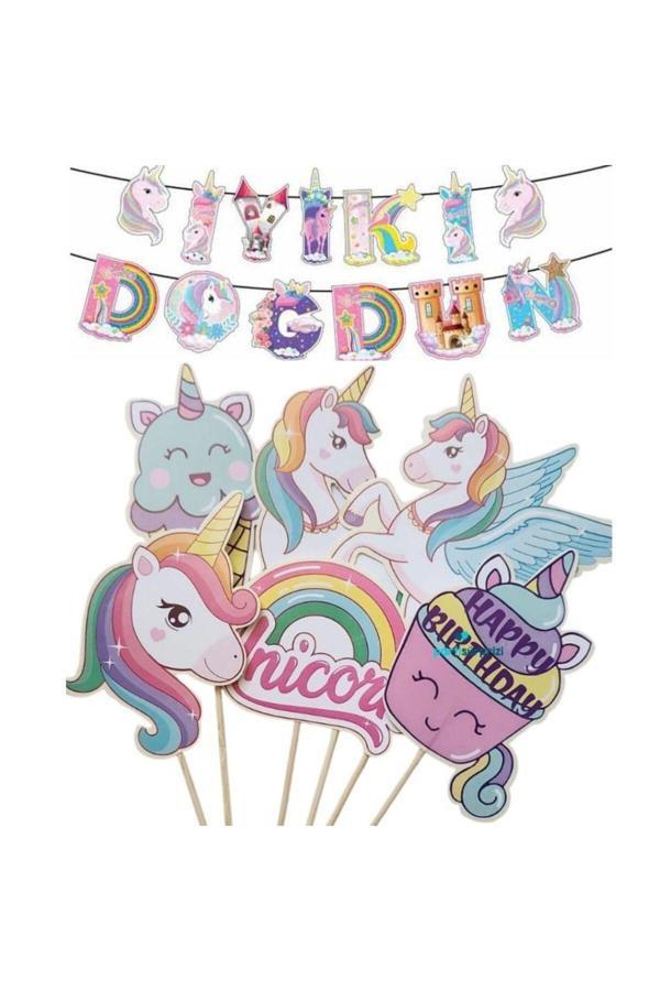 Parti Sürprizi Gökkuşağı Unicorn İyi Doğdun Banner Set - Image 1