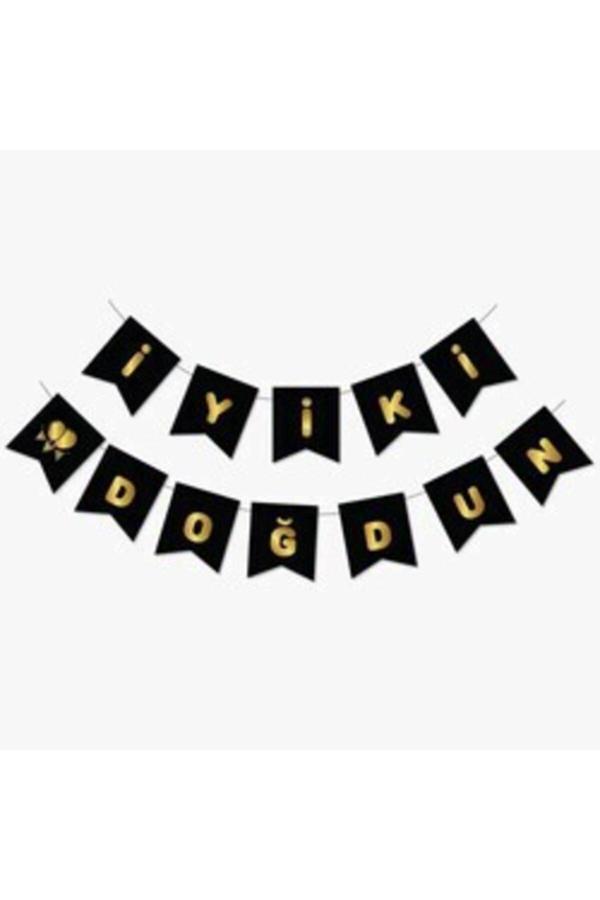 Parti Sürprizi Siyah Üzerine Altın Iyi Ki Doğdun Bayrak Afiş - Image 1