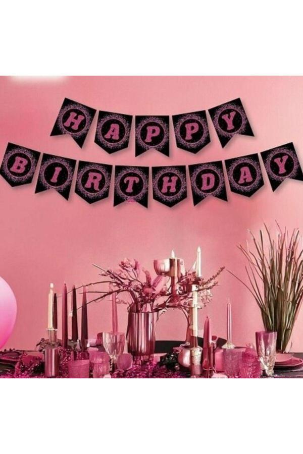 Parti Sürprizi Pembe Siyah Happy Birthday Banner Afiş - Image 1