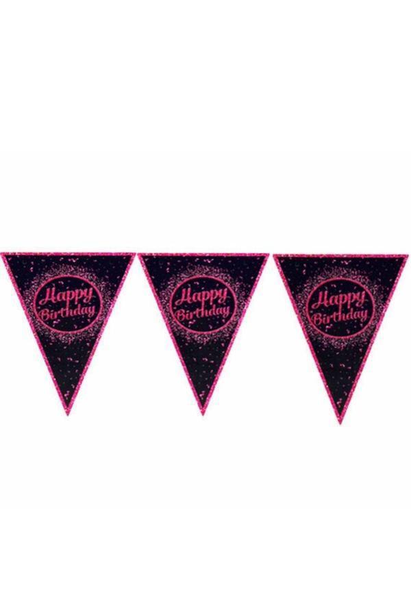 Parti Sürprizi Pembe Siyah Happy Birthday flama Bayrak Afiş - Image 1