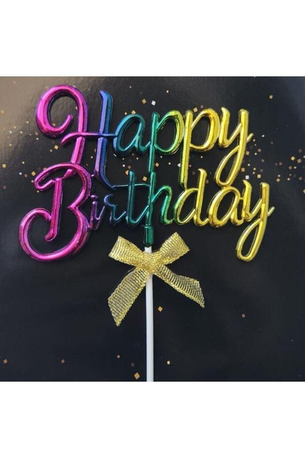 Parti Sürprizi Gökkuşağı Happy Birthday Fiyonklu  Pasta Süsü - Image 1