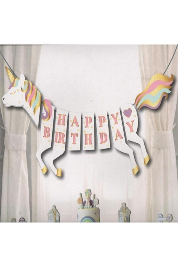 Parti Sürprizi Unicorn 3d Happy Birthday Banner 1 Adet - Image 1