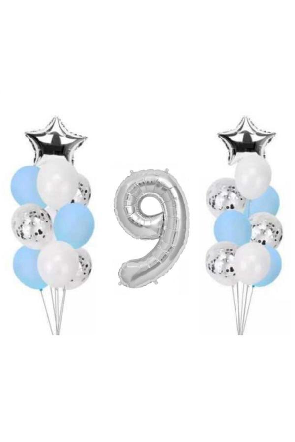 Parti Sürprizi 9 Yaş Gümüş Folyo Balon Set 21 Adet - Image 1