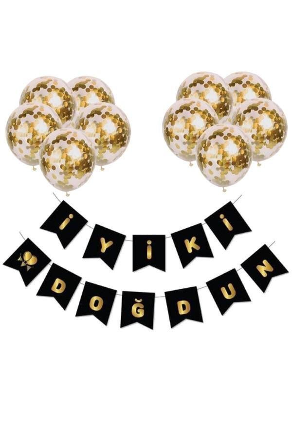 Parti Sürprizi Iyi Ki Doğdun Siyah Üzeri Gold Baskılı Banner Set - Image 1