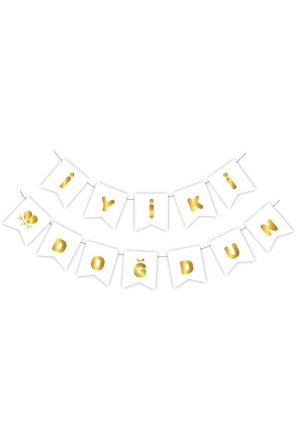 Parti Sürprizi Beyaz Üzeri Gold Iyi Ki Doğdun Yaldızlı Harf Banner - Image 1