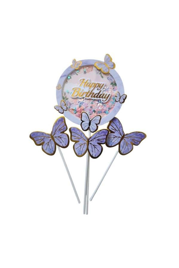 Parti Sürprizi Mor Gold Kelebek Happy Birthday Pasta Kürdan Set - Image 1