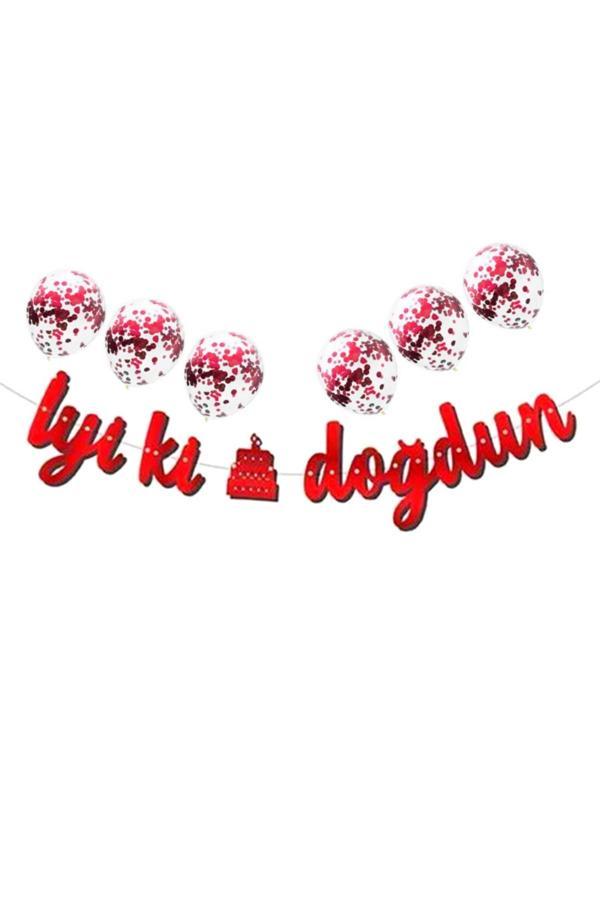 Parti Sürprizi Metalize Iyi Ki Doğdun Kırmızı Banner Set - Image 1