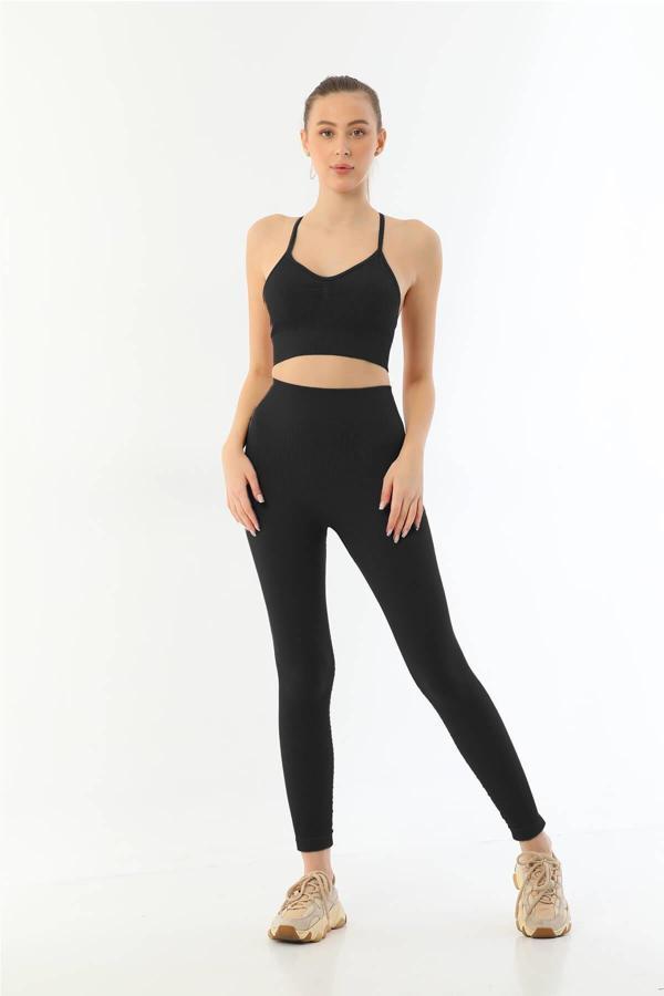 SİYAH 3921 Soft Seamless Ripli Tayt Yoga Takımı - Image 1