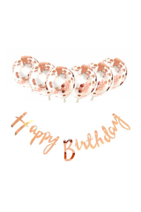 Parti Sürprizi Metalize Happy Birthday Rose Gold Banner Set - Image 1