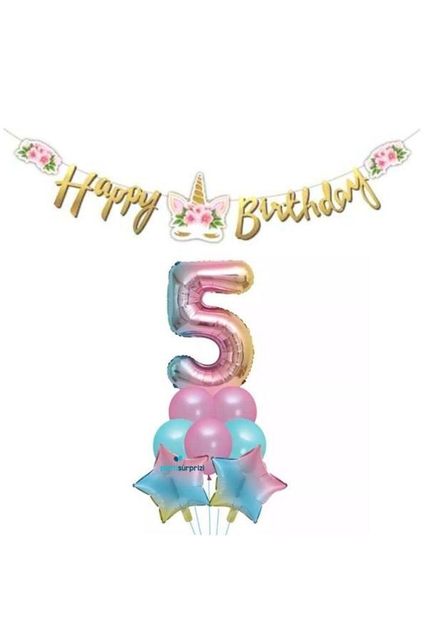 Parti Sürprizi Çiçekli Unicorn 5 Yaş Gökkuşağı  Balon Set - Image 1