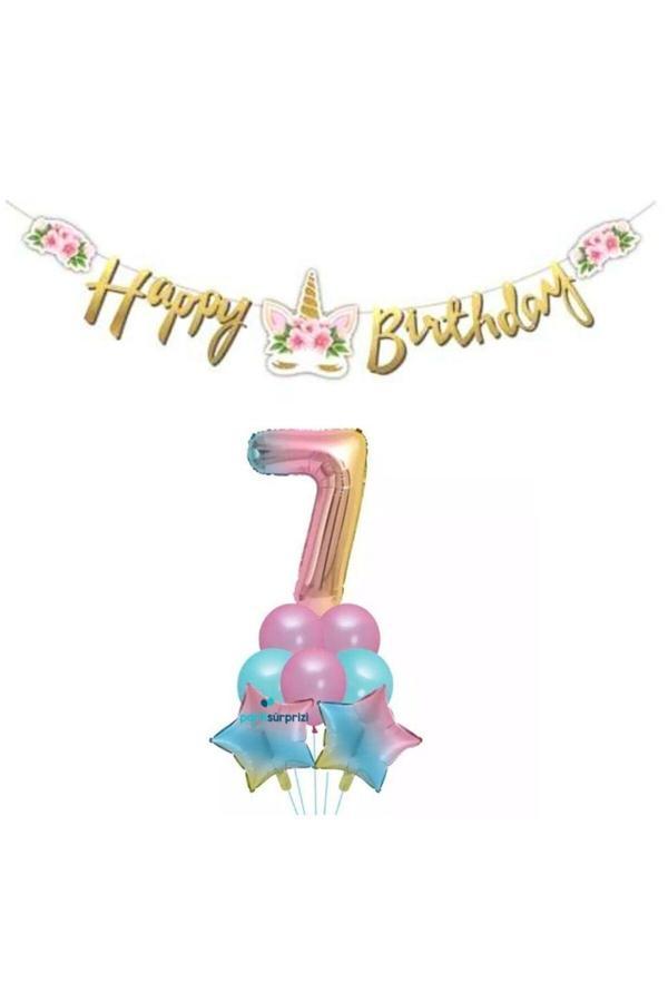 Parti Sürprizi Çiçekli Unicorn 7 Yaş Gökkuşağı  Balon Set - Image 1