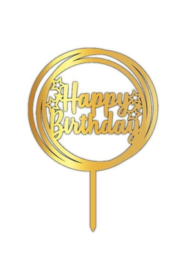 Parti Sürprizi Pleksi Pasta Üzeri Gold Happy Bırthday Yazı Kürdan - Image 1
