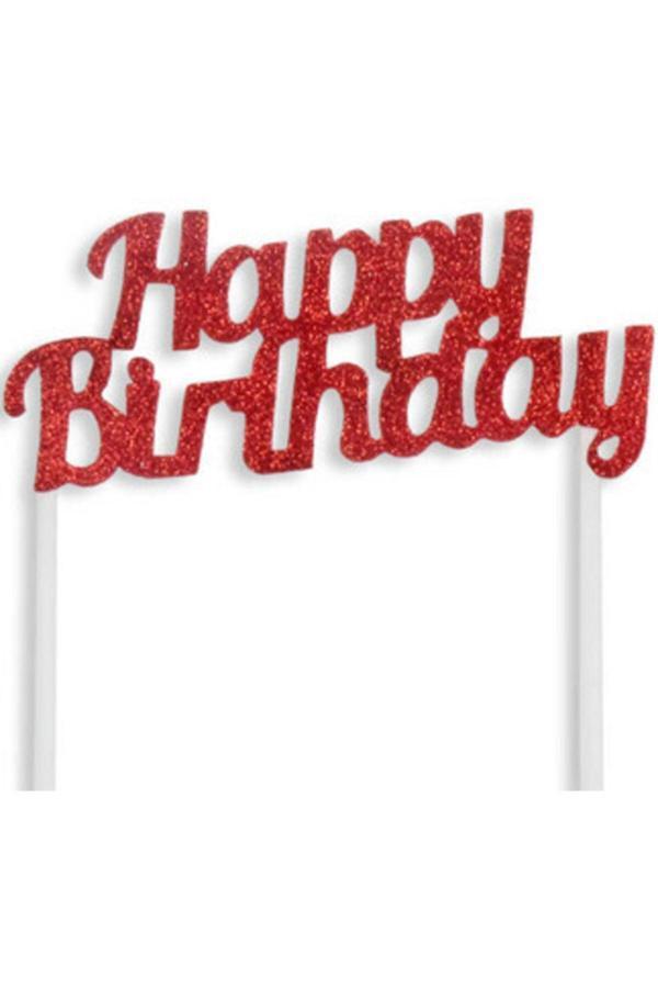 Parti Sürprizi Kırmızı Simli Happy Birthday Çubuklu Yazı - Image 1