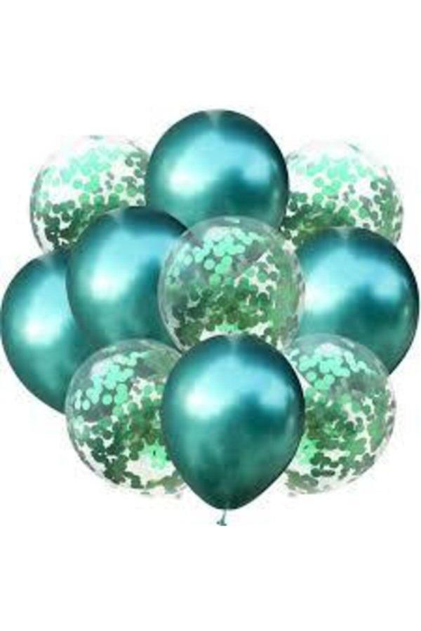Parti Sürprizi Konfetili Yeşil Balon Demeti 10 Adet - Image 1