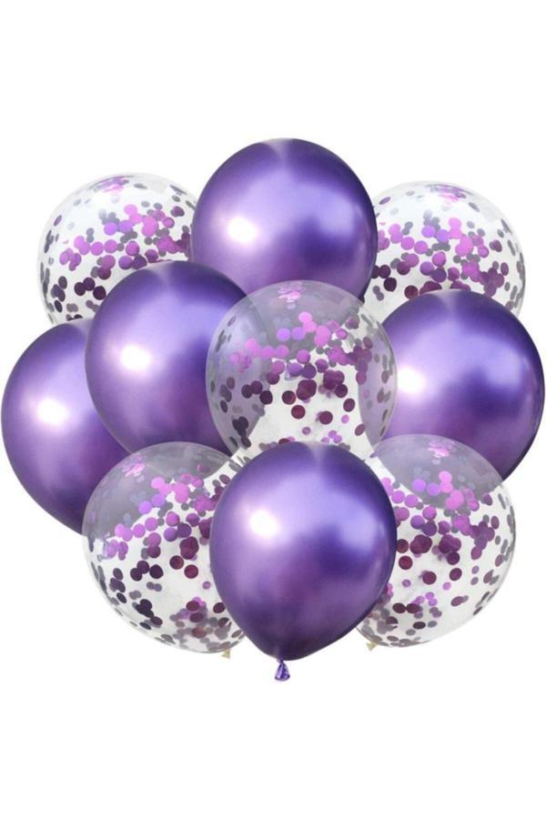 Parti Sürprizi Konfetili Mor Balon Demeti 10 Adet - Image 1