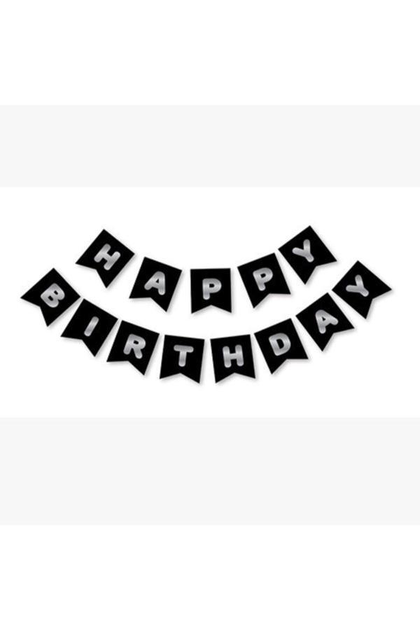 Parti Sürprizi Siyah Gümüş Yaldızlı Happy Birthday Yazısı - Image 1