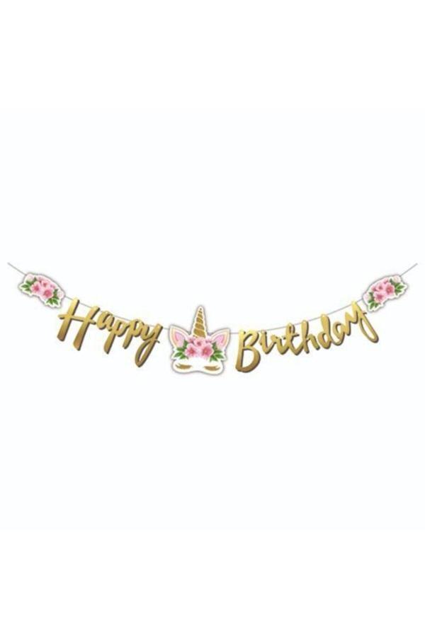 Parti Sürprizi Çiçekli Unicorn Happy Birthday Harf Afiş - Image 1