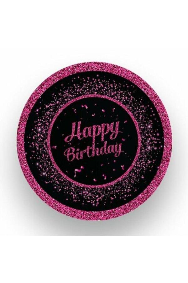 Parti Sürprizi Pembe Siyah Happy Birthday  Karton Tabak 8 Adet - Image 1