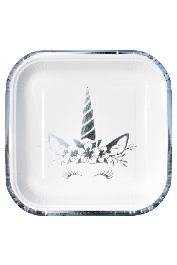 Parti Sürprizi Unıcorn Gümüş Baskılı Kare Tabak 6 Adet - Image 1