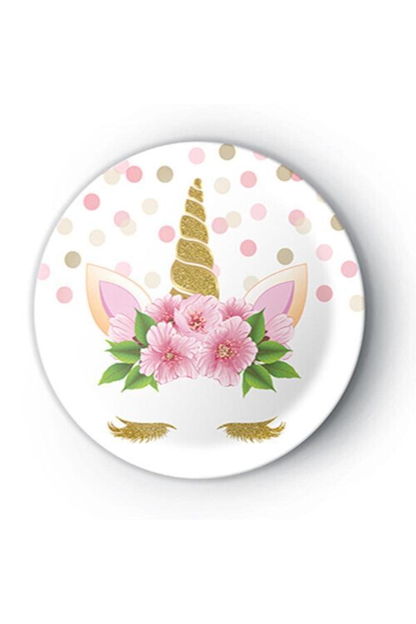 Parti Sürprizi Unicorn Çiçekli Tabak 23 cm 8 Adet - Image 1