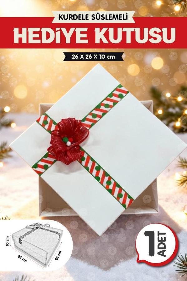 Yılbaşı Temalı Kurdele Süslemeli Beyaz 25x25x10 cm Boş Hediye Kutusu 1Adet,Yılbaşı Hediye Kutusu-T1491 - Image 1