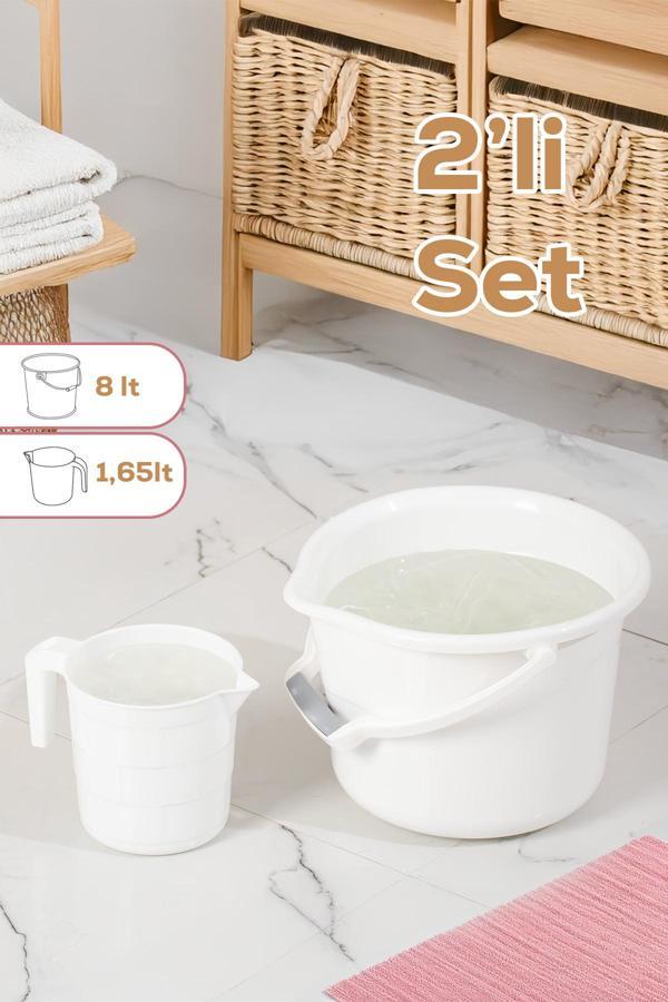 Porsima 2li Banyo Balkon Temizlik Seti  8L Kulplu Kova  1,65L Maşrapa Banyo Seti Beyaz - Image 1