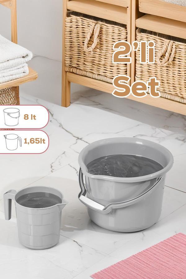 Porsima 2li Banyo Balkon Temizlik Seti  8L Kulplu Kova  1,65L Maşrapa Banyo Seti Gri - Image 1