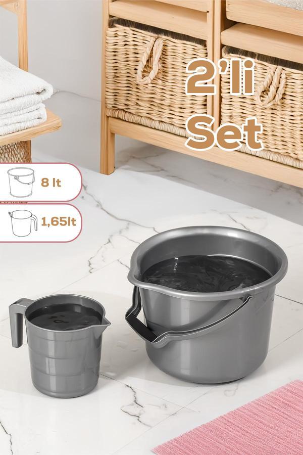 Porsima 2li Banyo Balkon Temizlik Seti  8L Kulplu Kova  1,65L Maşrapa Banyo Seti Antrasit			 	 		 - Image 1