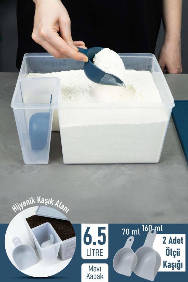 İronika Ölçü Kaşıklı Un Şeker Deterjan Saklama İstifleme Kabı Ölçülü Saklama Kutusu 6.5 Litre Mavi - Image 1