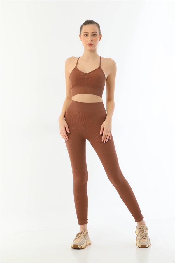 KAHVE 3921 Soft Seamless Ripli Tayt Yoga Takımı - Image 1