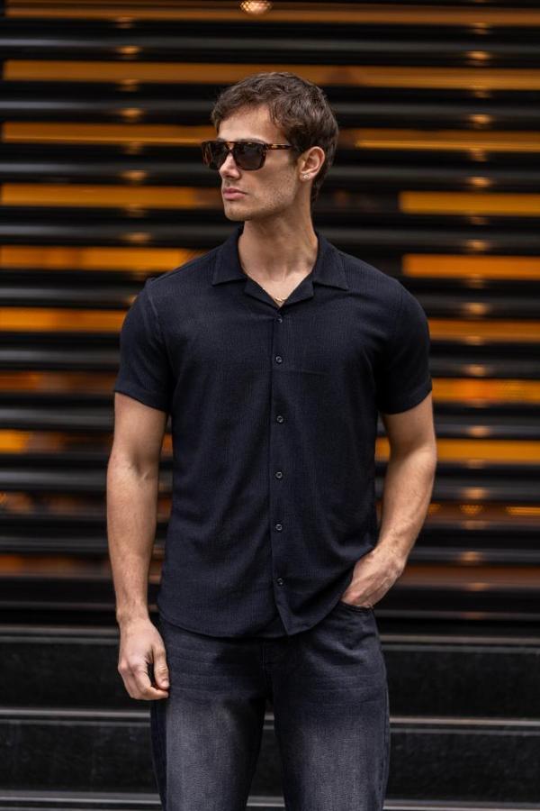 GRİLL Apaç Yaka Düğmeli Slim Fit Gömlek - Siyah - Image 1