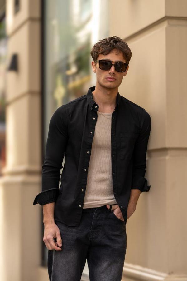 GRİNDER Çıtçıt Cepli Düğmeli Slim Fit Gömlek - Siyah - Image 1