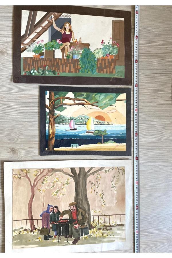 Sanat Taciri 3 Adet Sulu Boya Resim Kağıt Üzeri Sulu Boya Resimlerno86 - Image 1