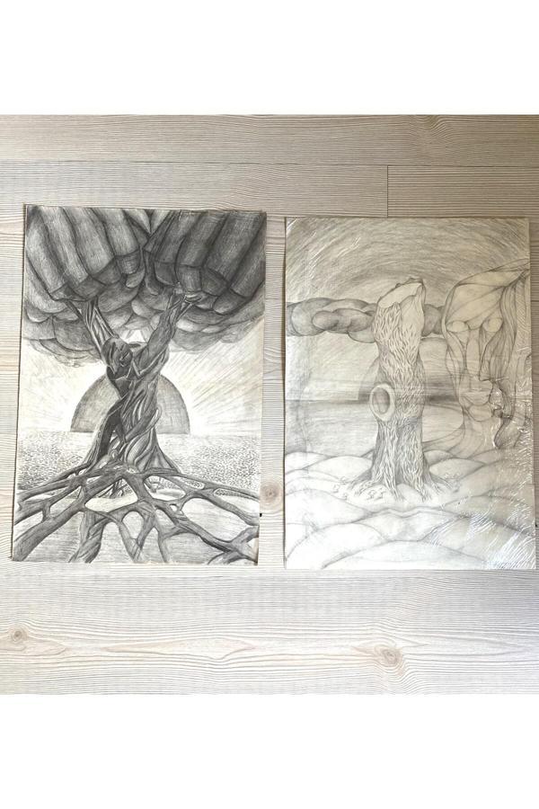 Sanat Taciri 50Cm 2 Adet Karakalem Resim Kağıt Üzerine Kara Kalem Çalışma - Image 1