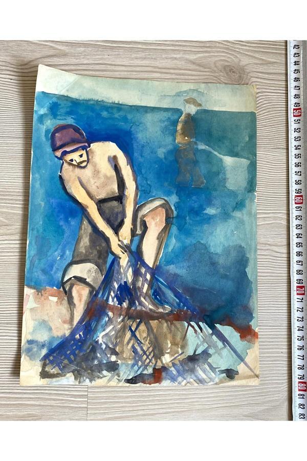Sanat Taciri Balıkçı Sulu Boya Resim Kağıt Üzeri Sulu Boya Resimler - Image 1