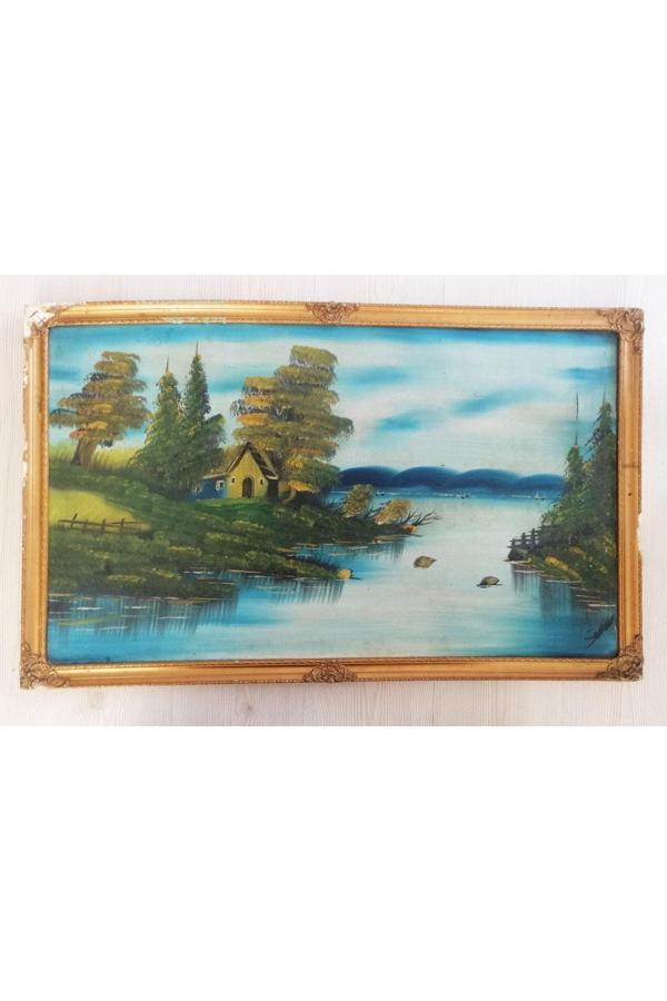 Sanat Taciri Eskilerden Dağ Evi Göl Evi Yağlı Boya Tablo 5 - Image 1