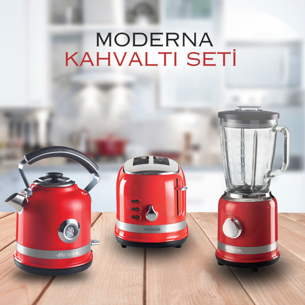 Ariete Moderna Kahvaltı Seti Su Isıtıcı Kettle + Smoothie Cam Blender + Ekmek Kızartma Makinesi Seti Kırmızı - Image 1