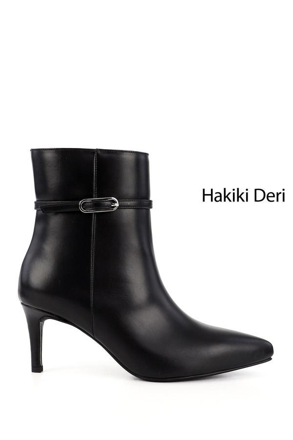Kadın Siyah Fermuarlı İnce Topuklu Hakiki Deri Bot - Image 1