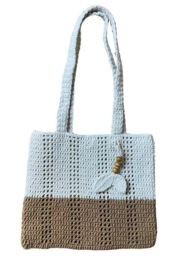 Uretti - Emine 9106 El Örgüsü Ahşap Boncuklu Çift Renk Model Pamuk İp Omuz Çantası - 30 x 26 - Image 1