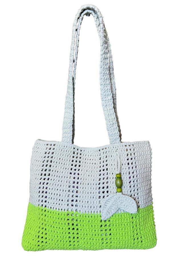 Uretti - Emine 9106 El Örgüsü Ahşap Boncuklu Çift Renk Model Pamuk İp Omuz Çantası - 30 x 26 - Image 1