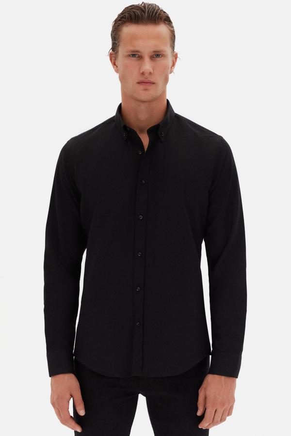 Ds Damat Slim Fit Siyah Oxford Düğmeli Yaka Kolay Ütülenebilir Nakış Detaylı Pamuklu Gömlek - Image 1