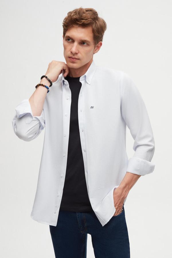 Ds Damat Slim Fit Açık Mavi Oxford Düğmeli Yaka Kolay Ütülenebilir Nakış Detaylı Pamuklu Gömlek - Image 1